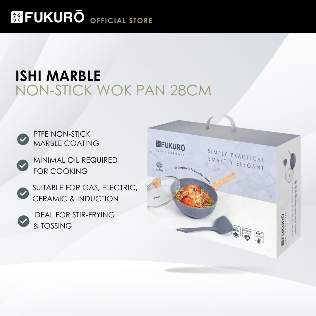 HH 3903 – Fukuro Ishi Marble Wok Pan 28cm Set with Silicone Turner – With Packaging
