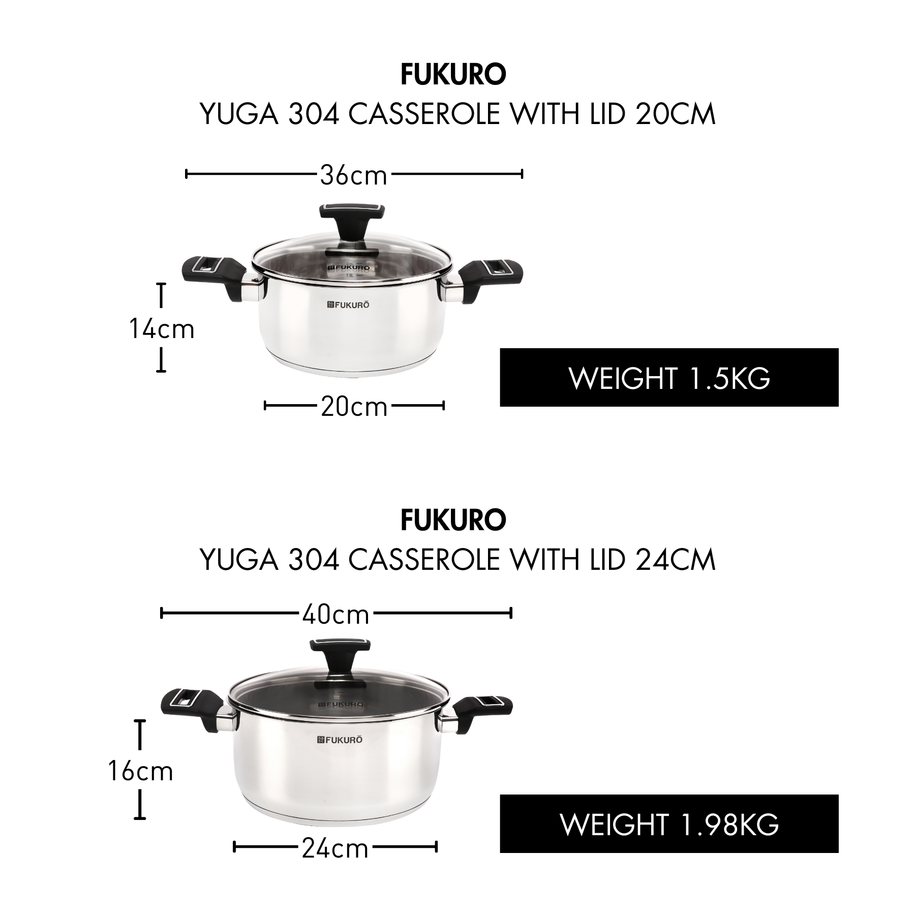 HH 3303, HH 3304_Fukuro Yuga 304 Stainless Steel Casserole With Lid 20, 24cm