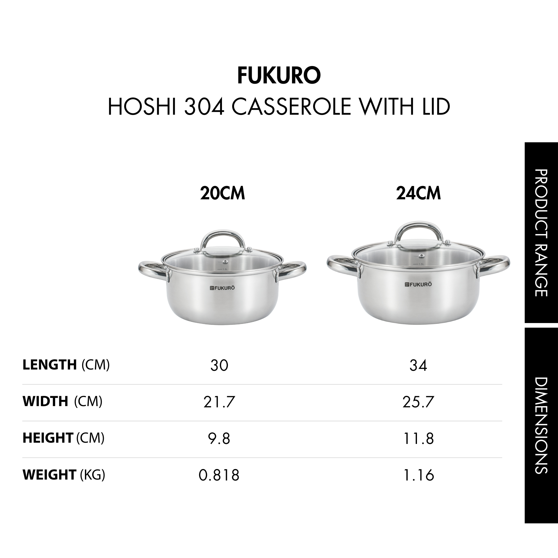 HH 3323, HH 3324_Fukuro Hoshi 304 Stainless Steel Casserole With Lid 20, 24cm