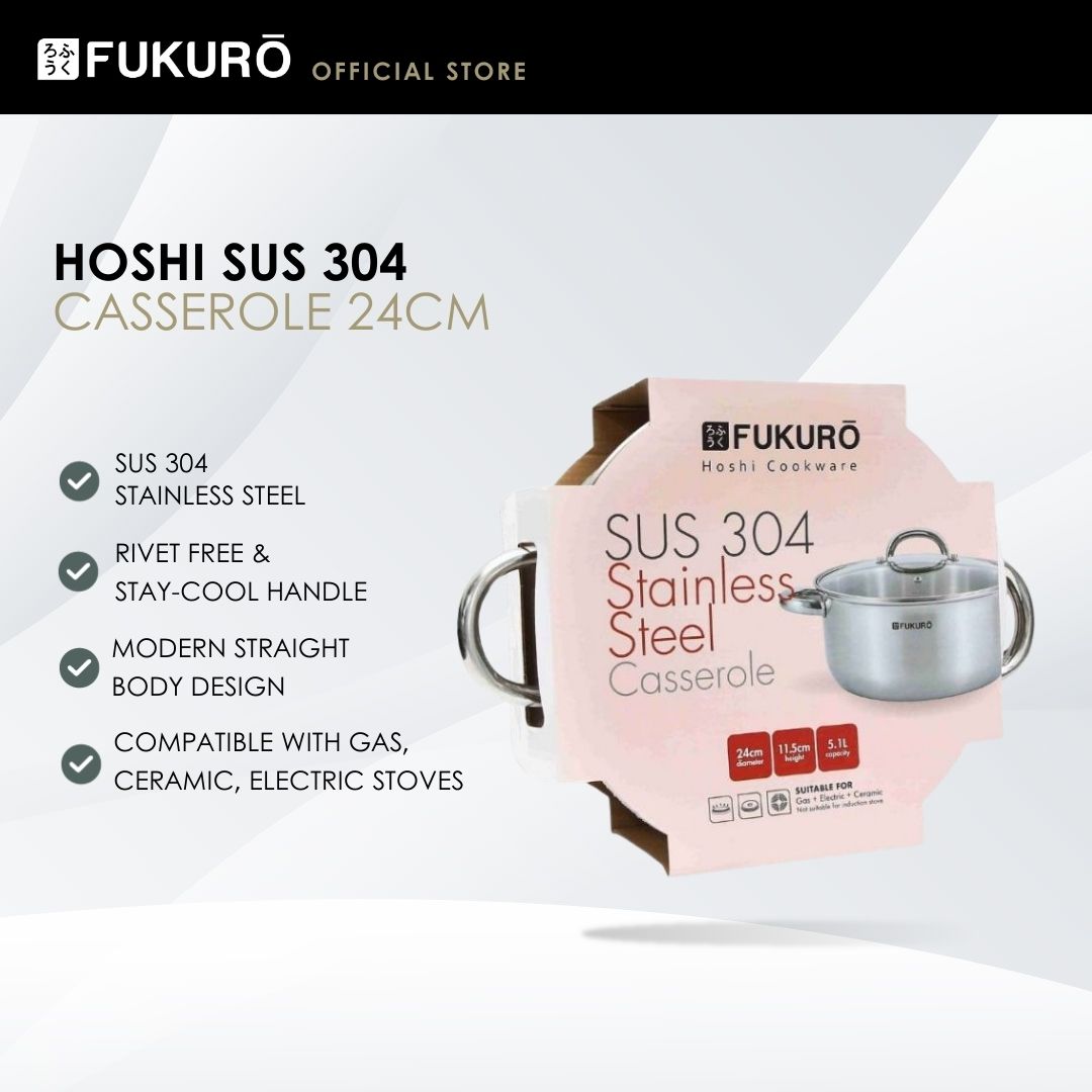 HH 3324 – Fukuro Hoshi 304 Stainless Steel Casserole With Lid 24cm – With Packaging